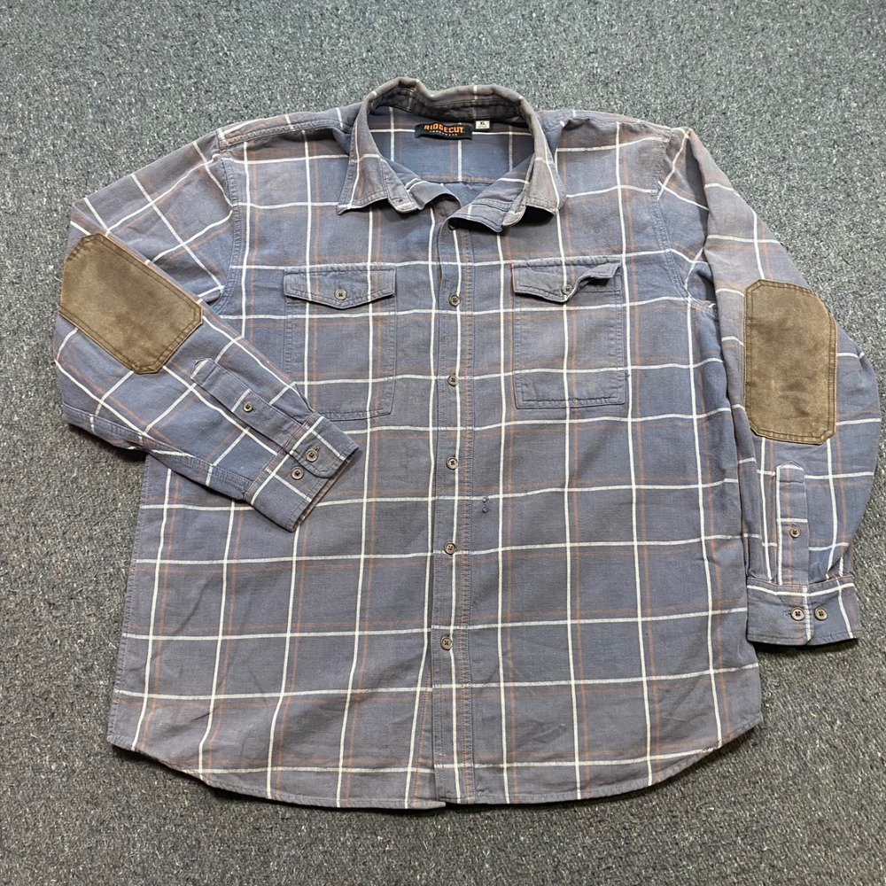 Ridgecut Toughwear Plaid Sz XL Mens Blue Brown Workwear Elbow Patches Shirt
